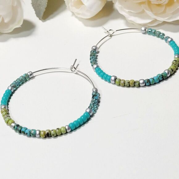 seed bead earrings 686#mfs Seed beaded minimalist hoop earrings sweater stripes - Picture 6 of 6